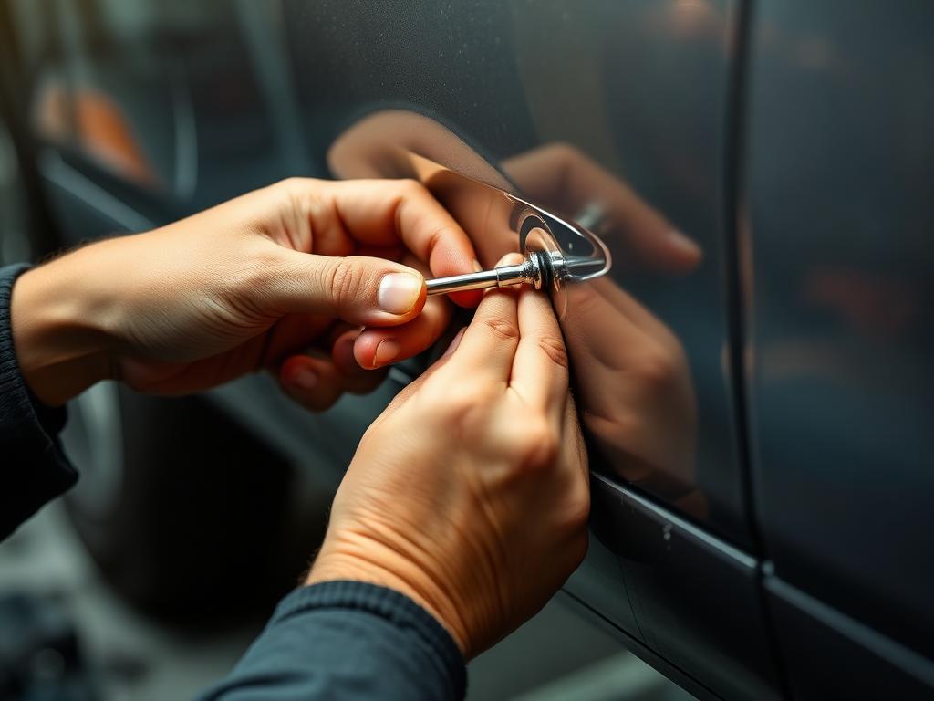 Paintless dent repair Tyler — technician using a PDR rod to massage hail dents from a panel underside