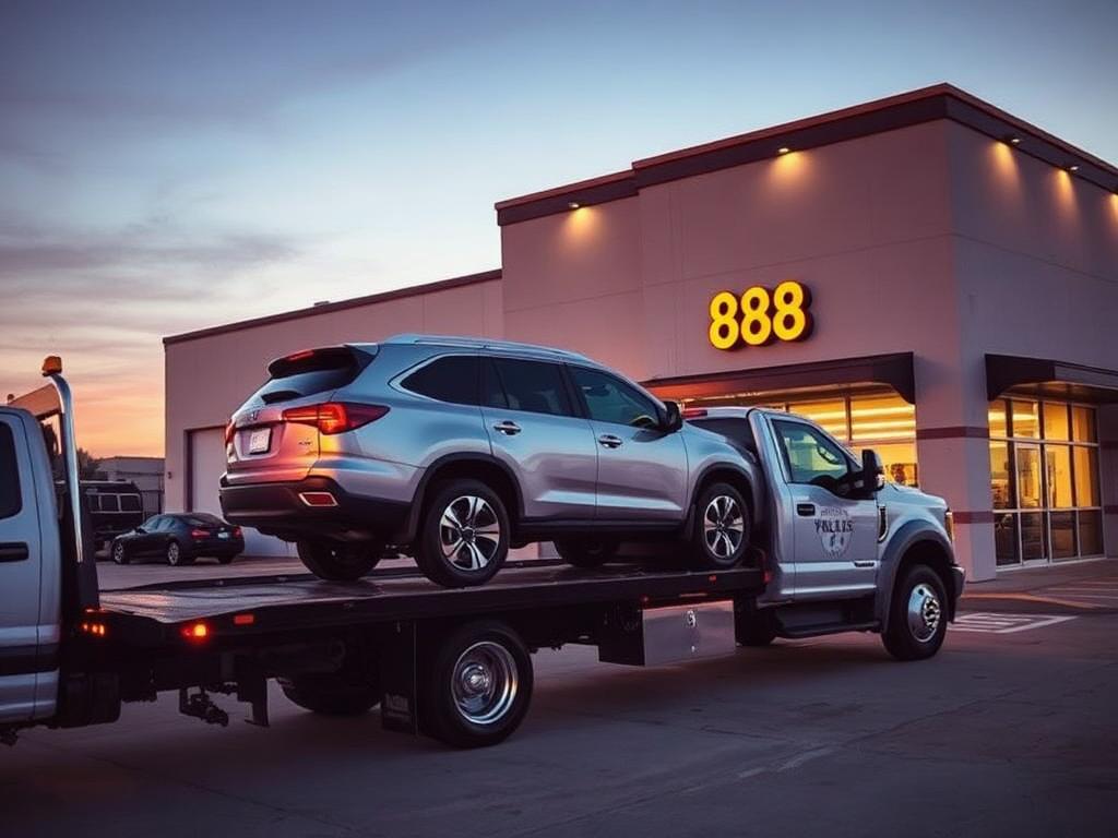 Mobile hail repair East Texas — flatbed pickup delivering a customer SUV to the 888 PDR Tyler facility